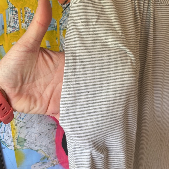 Short Sleeve Stripe Sundress Sz Small Jersey Knit Twist Front Grey White Pockets - Picture 7 of 7